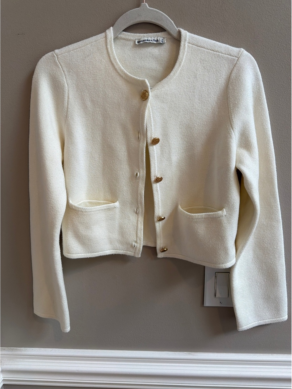 Abercrombie & Fitch Cream Gold Button Tweed Cropped Sweater Lady Jacket XS